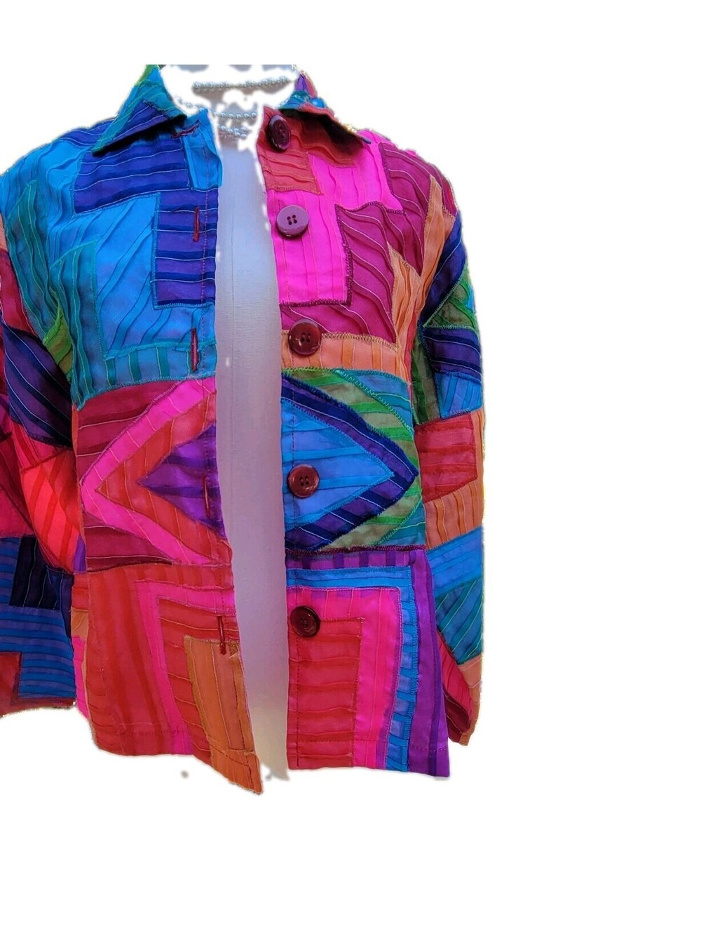 Vintage Anage Womens Sm Silk Patchwork Jacket Boho Abstract Art Multicolor